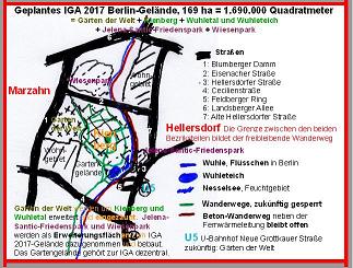 Lageplan des IGA 2017 Berlin-Geländes, 169 ha - 1 Million 690 tausend Quadratmeter, davon werden 127 ha frei zugängliches Gelände der Bevölkerung weggenommen