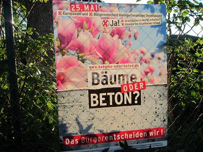 Baeume oder Beton - Fast 80 Prozent der Abstimmungsberechtigten haben am 25. Mai 2014 fuer den Erhalt der Charlottenburg-Wilmersdorfer Kleingartenanlage Oeynhausen gestimmt